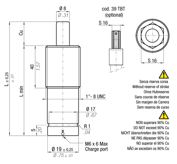 M90-025BYW-TBI 19MM  DIA X 25MM  STROKE THREADED BODY 1"-8THD