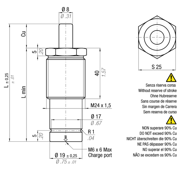 M90-025BRD-TEM 19MM  DIA X 25MM  STROKE THREADED BODY M-24X1.5 WITH LOCK NUT