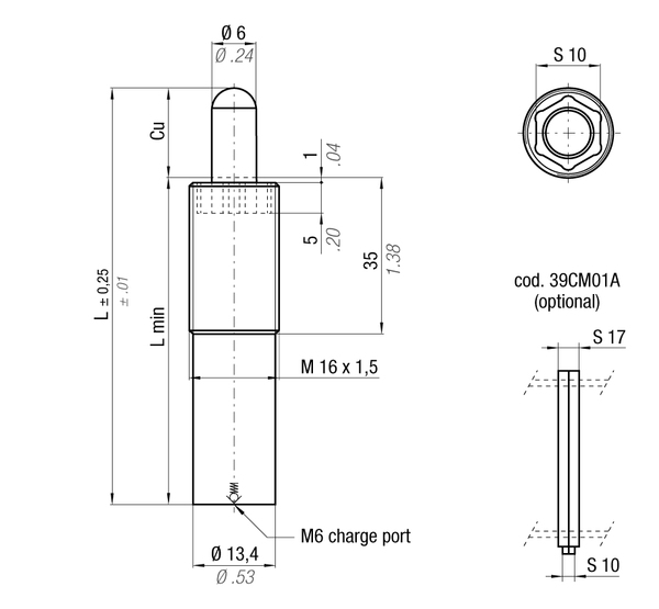 NE16X1.5-100BRD 13.4MM  DIA X 100MM  STROKE M16 X 1.5 THD GAS SPRING