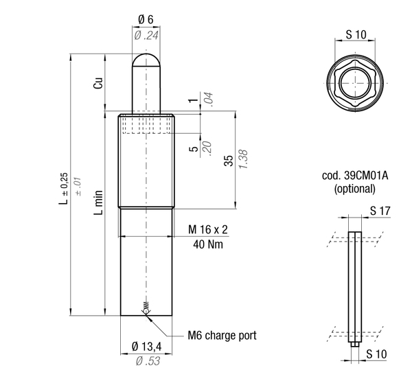 NE16X2-040BYW 13.4MM  DIA X 40MM  STROKE M16 X 2 THD GAS SPRING