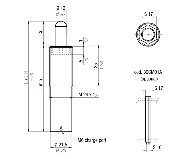 NE24X1.5-080BRD 21.7MM  DIA X 80MM  STROKE M24 X 1.5 THD GAS SPRING